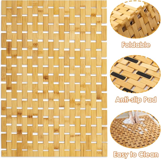 Bamboo Bath Mat with Anti Slip Pads,23.6x35.5 inches Bathroom Shower and Bathtub Floor Mats,Non Slip Water Proof Mat,Indoor Outdoor Use for Kitchen Bedroom Bathroom Toilet Pet Mat Floor Rug