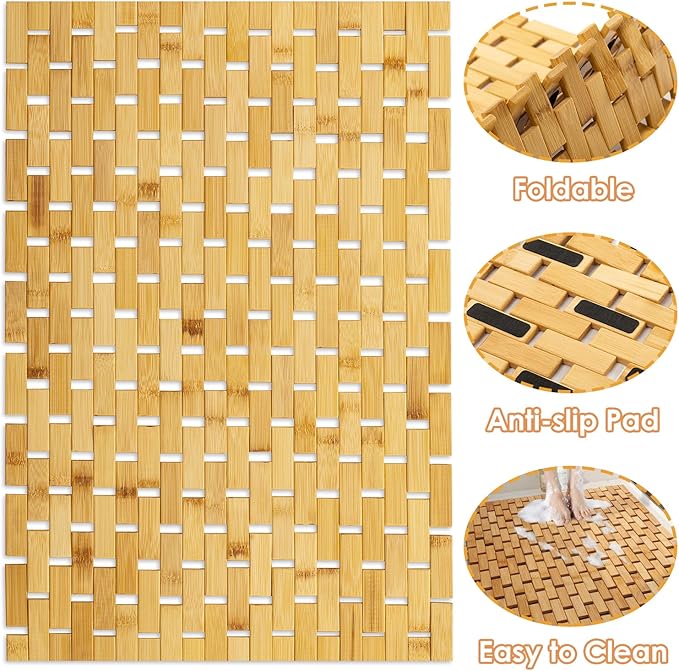 Bamboo Bath Mat with Anti Slip Pads,19.7x27.6 inches Bathroom Shower and Bathtub Floor Mats,Non Slip Water Proof Mat,Indoor Outdoor Use for Kitchen Bedroom Bathroom Toilet Pet Mat Floor Rug