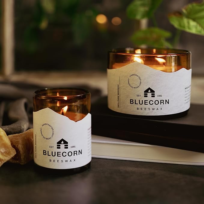 Bluecorn Beeswax 3-Wick Candle Refill – 22oz Amber Glass Jar, 100% Pure Beeswax, Unscented – 40 Hr Long Burn, Cotton Wick, Non Toxic – Handmade in USA, 1 Count