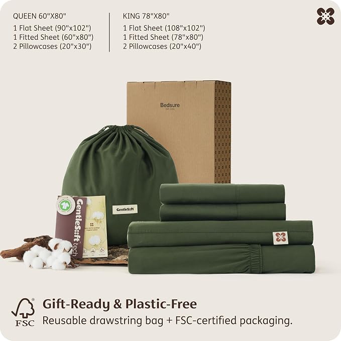 Bedsure 100% GOTS Certified Organic Cotton Sheets, California King Sheet Sets, 17" Deep Pocket Bedsheets with Corner Straps, Eco-Friendly, Soft & Luxury PureWoven Cotton Hotel Bedding, Olive Green