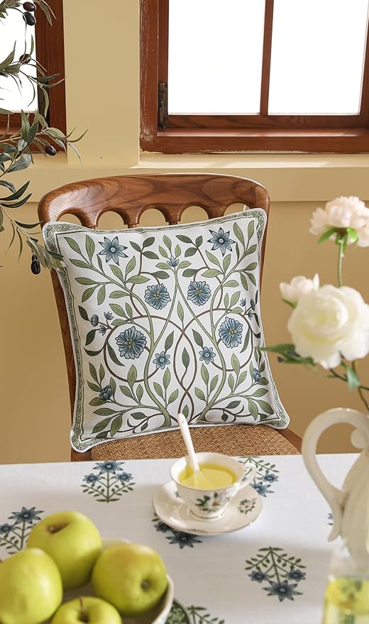 ISAENNE Design Fresh Linen Square Throw Pillow Covers 18"x18" Pack of 2, French White Cottage Cushion Covers with Blue Floral Branches Pattern Decor Pillowcases for Bed,Living Room,Outdoor,Car