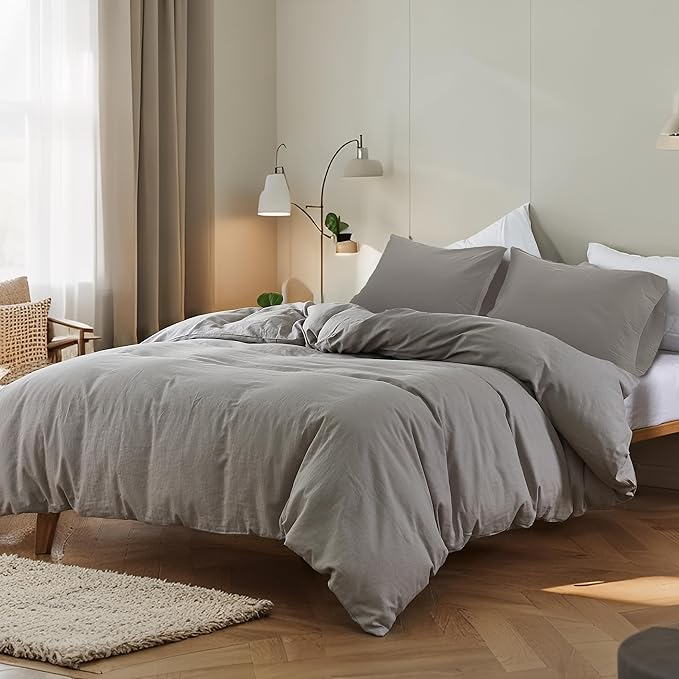 FALUCA French Linen Blend Duvet Cover Set 3Pcs King (104"x92") - Soft, Breathable, Cooling Farmhouse Bedding for Hot Sleeper (King, Light Grey)