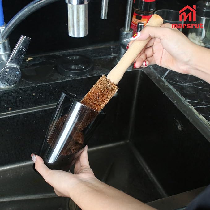 2pcs Coconut Fiber Bottle Brush, Bottle Cleaner Dish Scrubber, Eco Friendly Natural Wooden Cleaning Scrub Bristle Head for Deep Pan Kitchen Dishes Vegetable Washing, Sturdy Handle Holder, Dark Brown
