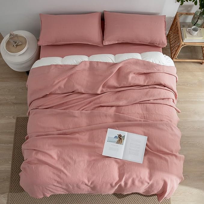 EVERLY Linen California King Sheets Set, 100% Stonewashed French Linen Bed Sheets Deep Pocket Sheets, 4 Pieces (1 Flat Sheet, 1 Fitted Sheet, 2 Pillowcases) Natural Flax Bedding Set-Pink