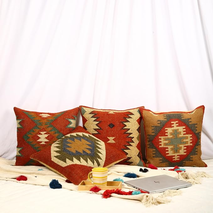 Trade Star 70% Jute 30% Wool Cushion Cases Ethnic Pillow Shams Rug Pillow Covers Handloomed Pillow Cases Throw Pillow Cover Handwoven Pillowcase Set of 4 Kilim Cushion Covers (Kilim 2)