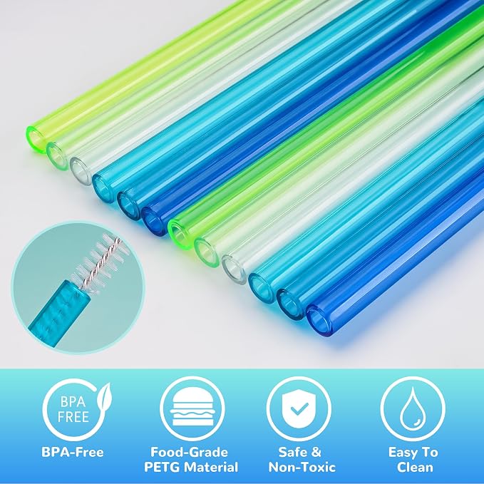 NiHome 12-Pack Plastic Reusable Drinking Straws Fit for Stanley 40 oz 30oz 64 oz Tumbler, 6 Color 12 In Reusable Straws Fit for Stanley Cups, 2 Brushes, BPA-Free for Cold & Hot Drinks (Gradient Blue)
