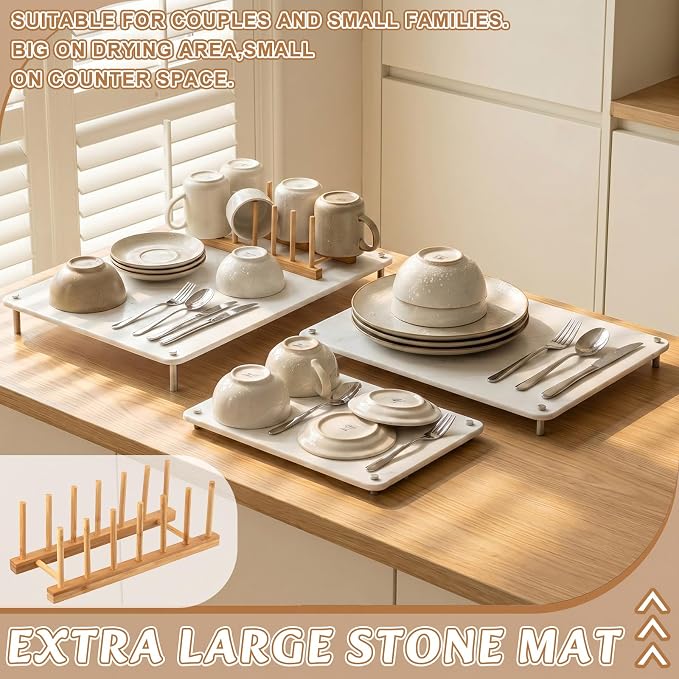 3 Tiers Large Nesting Stone Dish Drying Mats (24"x16" & 20"x16" & 16''x 12'') with Bamboo Dish Rack for Kitchen Counter, White Nestable Diatomaceous Earth Drying Mats with Non-Slip Feet