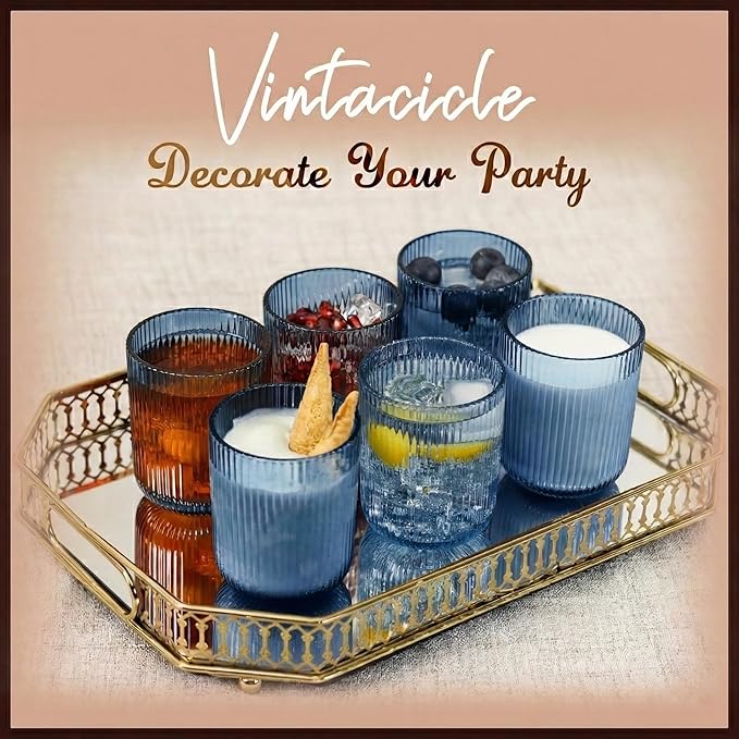 Blue Ribbed Drinking Glasses Set of 6,8.5oz Vintage Highball Tumblers,Colored Glassware for Water, Juice,Coffee,Cocktails,Blue Glass Cups,Housewarming & Christmas Gift