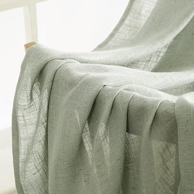 MIULEE Sage Short Linen Curtains 45 Inch Length 2 Panels for Kitchen Bedroom Bathroom,Green Soft Thick Linen Textured Window Drapes Semi Sheer Light Filtering Back Tab Rod Pocket Burlap Look Decor