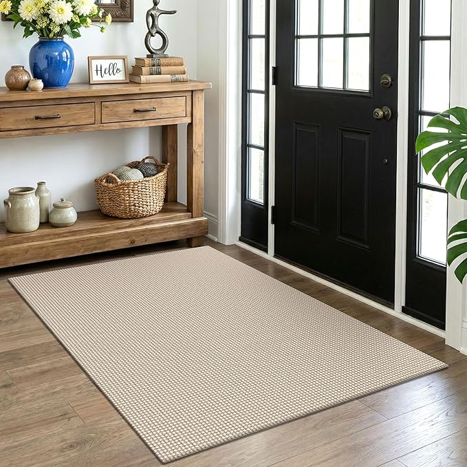 EARTHALL Woven Area Rug 4x5 Ft Washable Rugs for Entryway Non Slip Braided Throw Rugs Bedroom Carpet Cotton Entry Rug Cotton Floor Carpets for Bedroom Dining Room Living Room, Beige/Ivory