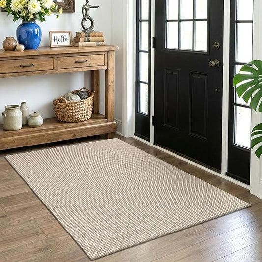 EARTHALL Woven Area Rug 4x5 Ft Washable Rugs for Entryway Non Slip Braided Throw Rugs Bedroom Carpet Cotton Entry Rug Cotton Floor Carpets for Bedroom Dining Room Living Room, Beige/Ivory