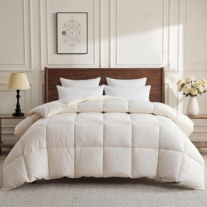 UNIKOME All Season Goose Feather Down Fiber Comforter King Size - 100% Organic Cotton Cover Natural Breathable Duvet Insert, 750+ Fill Power, Hotel Luxury Bedding Comforter (104"x90")
