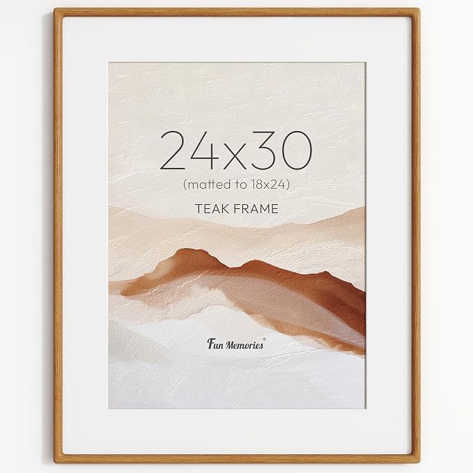 24x30 Poster Frame, USA-Sourced Teak Wood Frame Wall Mounted, 24x30 Picture Frame with Real Glass, 24 x 30 Picture Frame Matted to 18x24 Photo for Vertical & Horizontal Hanging, 1 Pack