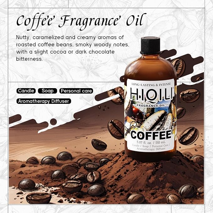 HIQILI Coffee Fragrance Oil for Candle Making & Diffusers Use - 5.07 Fl Oz | for Scent Humidifier, Perfect for Soap, Body Scrubs & Perfume Making, New Car & Home - 150 ML