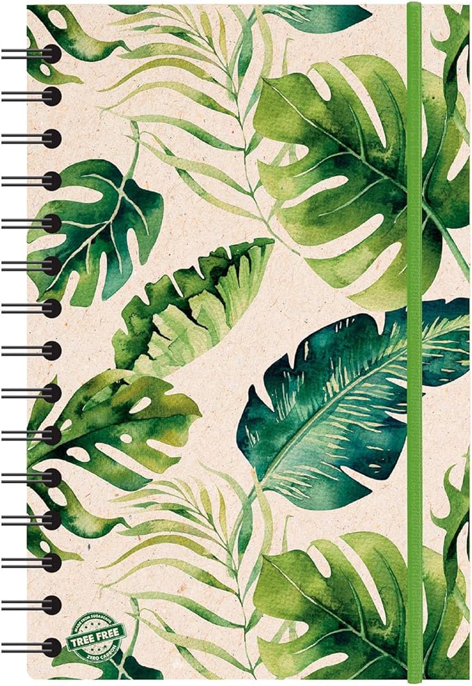 Geographics Eco Journal 5.4" x 8.25", Tree-Free Spiral Notebook with 70 gsm Sugar Cane Paper, Daily Nature Journal with Double-Wire Binding & Elastic Band, 80 Sheets, Tropical Leaves