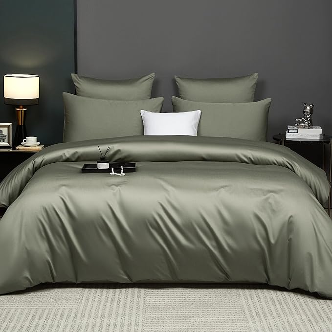 Dusty Green Cotton Duvet Cover Set Twin 100% Long-Staple Cotton Sateen Bedding Set, Soft Breathable Smooth Organic Pure Cotton Plain Comforter Cover, Luxury Minimalist Bedroom Decor for All Season