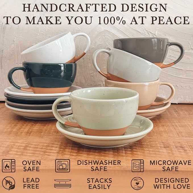 MORA Ceramic Latte Art Mug With Saucer - 10.5 oz, Round Bottom For Perfect Pours - Cafe Cups for Cappuccino, Espresso, Coffee, Tea etc - Porcelain Set for Baristas, Great Gift - Light Matcha