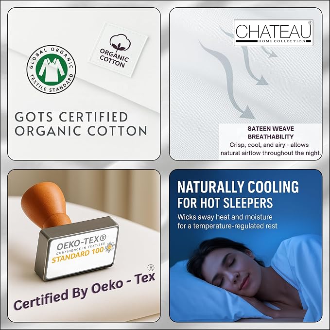 CHATEAU HOME COLLECTION 100% Organic Cotton King Sheets Deep Pocket - 300 TC GOTS Certified King Size Sheets Set Cotton, Soft Breathable Naturally Cool Low Pill Bedsheets- Navy