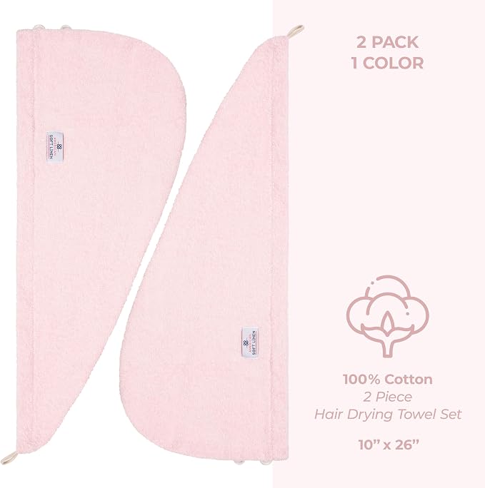American Soft Linen 100% Cotton Hair Towels for Women, Head Towel Cap, Cotton Hair Turban Towel Wrap for Long Curly Anti Frizz Hair, Soft and Absorbent Cotton Hair Towels 2 Pack, Pink