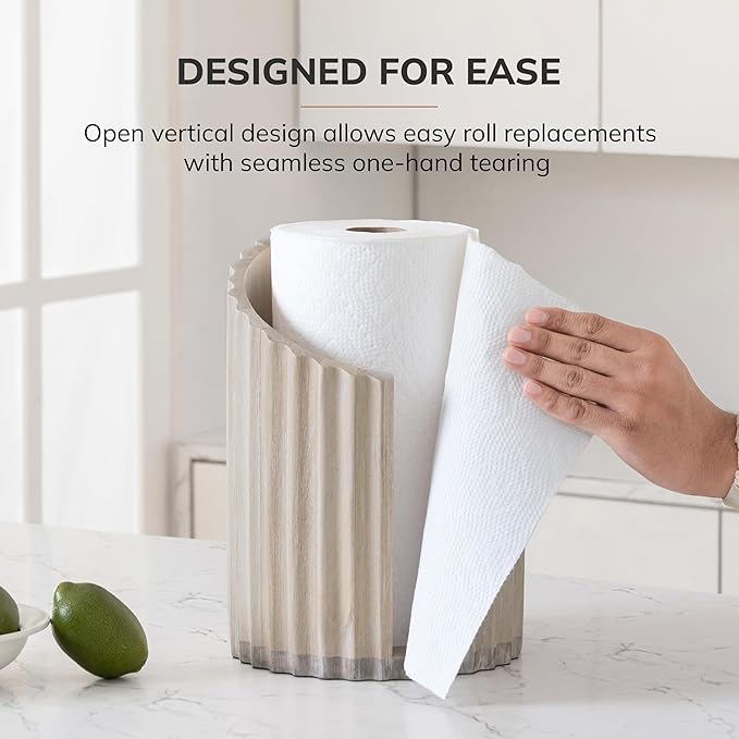 Anji Mountain Wooden Paper Towel Holder Countertop with Mango Wood Round Base and Iron Holder, Holder Stand for Kitchen Roll Organizer & Kitchen Dining Table Home Decor - Whitewash/Nickel, Fluted