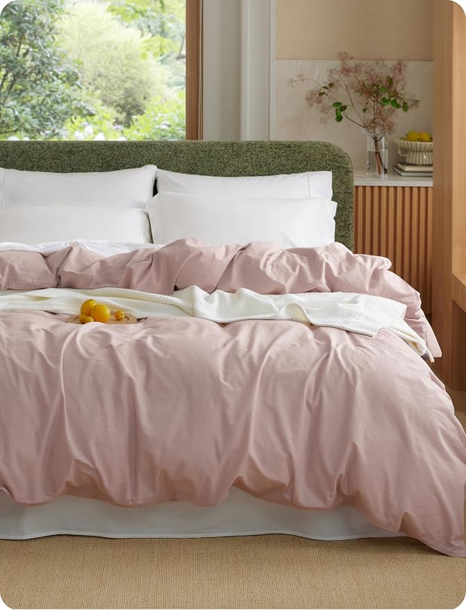 Bedsure Duvet Cover King Size - 100% Washed Cotton, Linen-Like Minimalist Bedding - PureWoven Plain Soft Comforter Cover for All Seasons, 1 Duvet Cover Only (Petal Pink, 104" x 90")