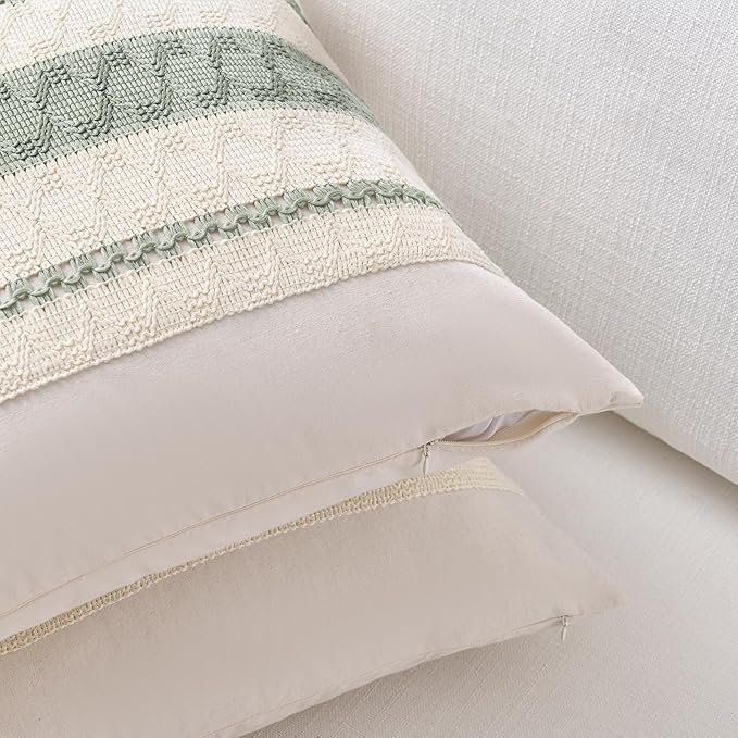 Fancy Homi Set of 1 Sage Green Boho Lumbar Decorative Throw Pillow Covers 12x24 Inch for Living Room Bedroom Couch Bed Chair, Rustic Retro Cushion Case, Bohemian Room Home Decor