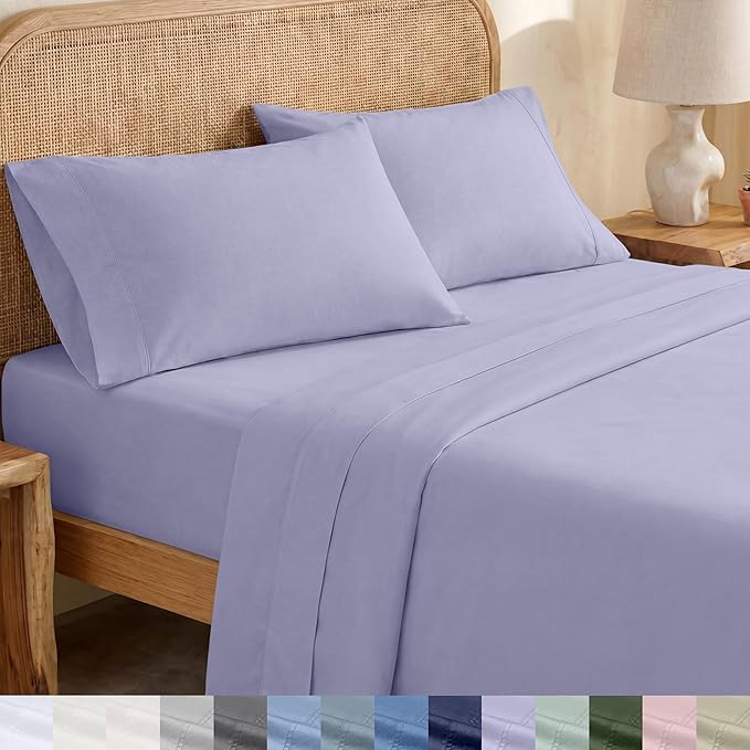 California Design Den Soft 100% Organic Cotton Bed Sheets Twin XL Size Set - Crisp Percale Organic Sheets, Deep Pockets, Durable Bedding Set for Dorms, Hospitals - Lavender Mist