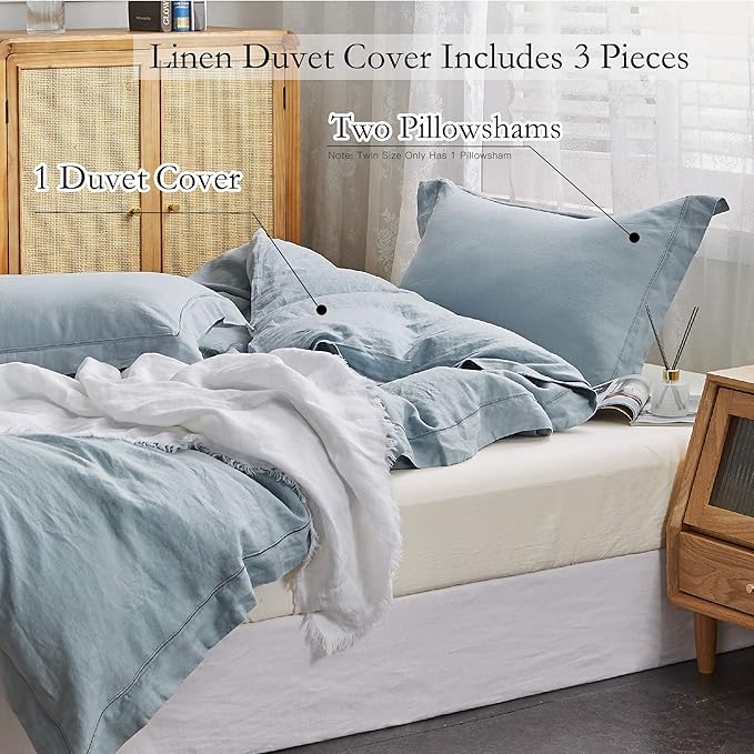 Simple&Opulence 100% Washed Linen Duvet Cover Set with Embroidered,3 Pieces Soft Farmhouse Comforter Set with Button Closure,1 Duvet Cover and 2 Pillowshams(King,Dusty Blue)