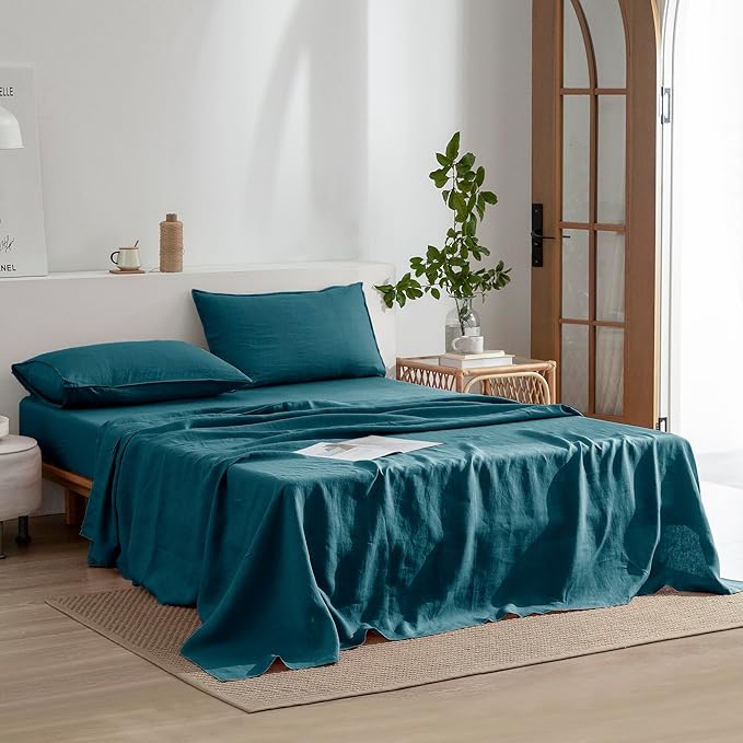 EVERLY Linen Sheets Set Full Size,100% French Stonewash Pure Linen Sheets Set,4Pieces (1Flat Sheet,1Fitted Sheet,2Pillowcase) Suitable for Hot Sleepers,Deep Pocket Natural Bedding Set-Graphite Blue