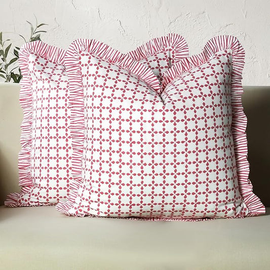 CPC Magenta Pink Hand Block Print 100% Cotton Ruffle Throw Pillow Cover 18x18 inch with Hidden Zipper Decorative for Couch, Bed, Sofa, Farmhouse, Cottagecore Decor Gift Christmas Fall Thanksgiving