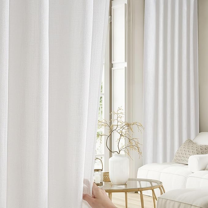 NICETOWN Faux Linen Curtains 84 inch Long 2 Panels Set for Bedroom/Living Room, 55" Wide Snow Wihte Thick Flax Linen Privacy Window Drapes Rod Pocket & Back Tab with Light Filtering, W55 x L84
