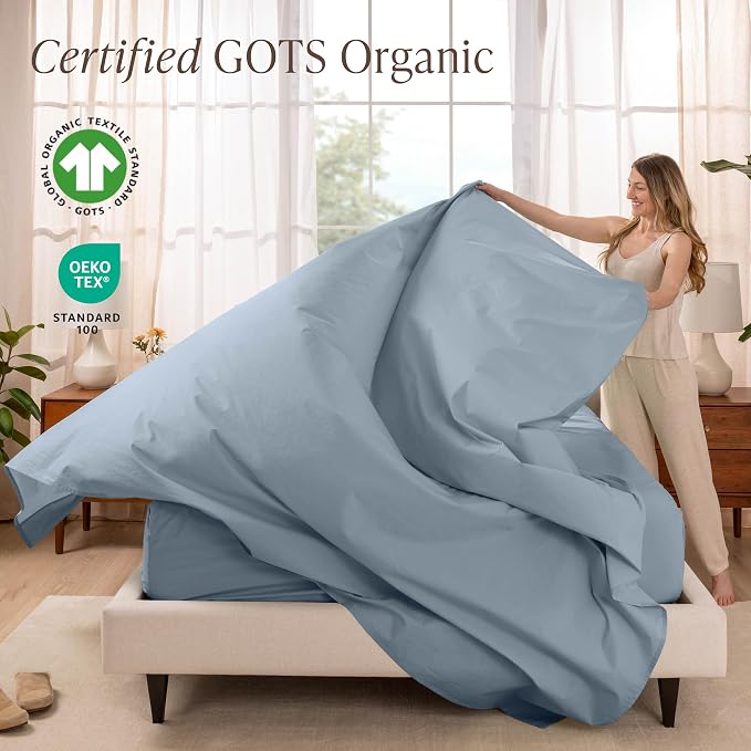 Bare Home 100% Organic Cotton Twin XL Sheet Set - Crisp Percale Weave - Lightweight & Breathable - Bedding Sheets & Pillowcases (Twin XL, Dusty Blue)