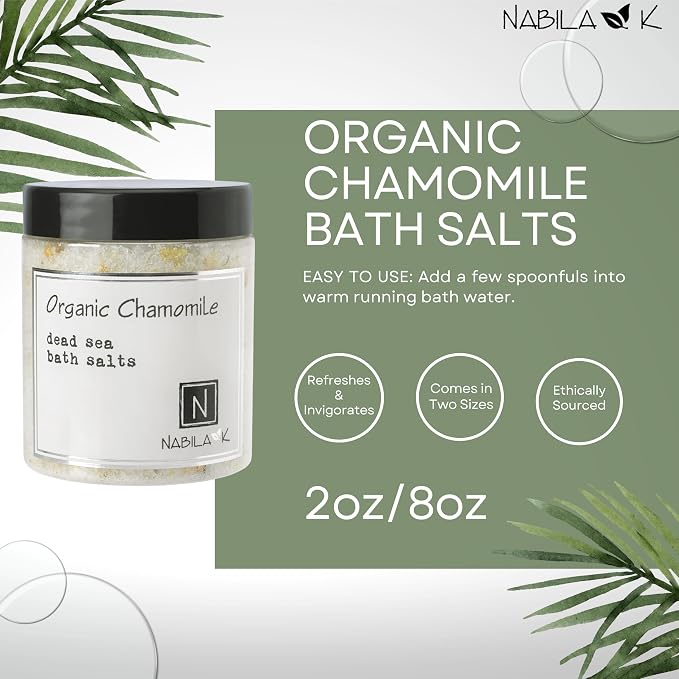 Organic Chamomile Bath Salts for Women & Men - Dead Sea Salt & Epsom Salt Calming Soak and Scrub - Organic Chamomile Buds & German Chamomile Oil, Cruelty-Free, Sulfate-Free | 8 oz | Nabila K
