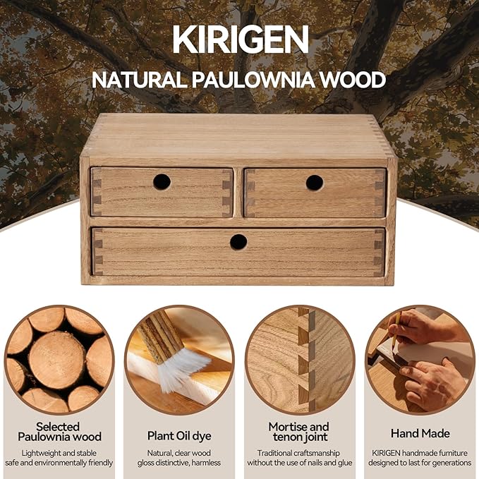KIRIGEN Solid Wood Desktop Organizer with 3 Drawers - Multi-Layer Office Supplies Storage Rack for Documents, Stationery, Jewelry - Natural Wooden Desk Shelf Organizer Brown WJG23-DBR