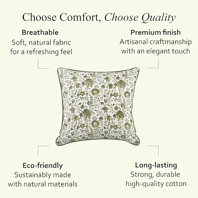 CPC Vintage Garden Green Block Print Throw Cushion Cover 24 x 24 Inch Set 2 - Decorative Boho Floral Pillow Case for Living Room, Bed, Sofa, Couch, Home Decor Gift for Spring, Mother's Day