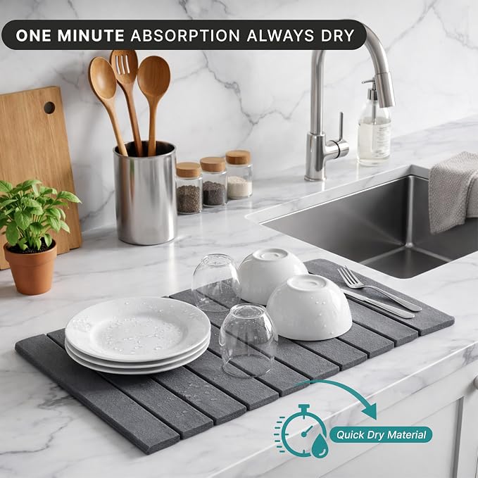 Stone Dish Drying Mat for Kitchen Counter, Easy to Clean Fast Absorbing Collapsible Quick Dry & 24” 16” (Smooth Dark Gray)
