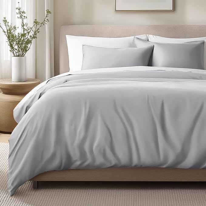 Bare Home 100% Organic Cotton Sateen Duvet Cover Set - Full/Queen Size - 400 Thread Count - Smooth Sateen Weave - Warm & Luxurious - Duvet Cover (Queen, Light Grey)