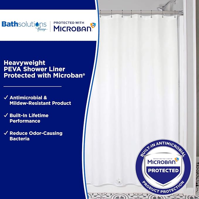 Kenney - Microban PEVA Shower Curtain Liner, Waterproof Medium-Weight 8 Gauge Design with Rust-Resistant Metal Grommets and Weighted Magnetic Hem, 70" x 72", White