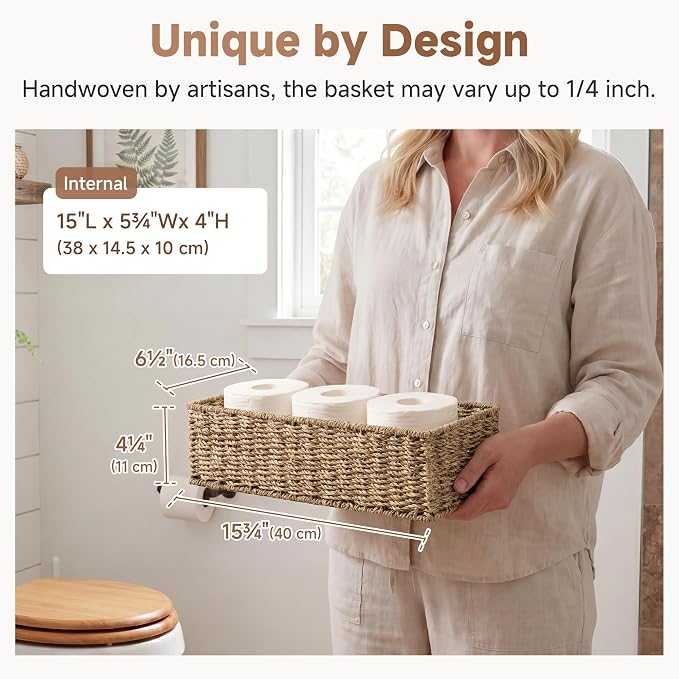 StorageWorks Toilet Tank Basket for Bathroom, Seagrass Storage Baskets for Toilet Tank Top, 2-Pack