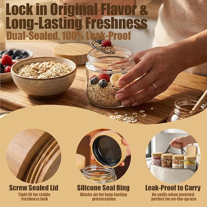 4 Pack 10oz Glass Jars with Bamboo Airtight Lids - Wide Mouth Food Storage Containers for Yogurt Chia Pudding Salad Spice Sugar