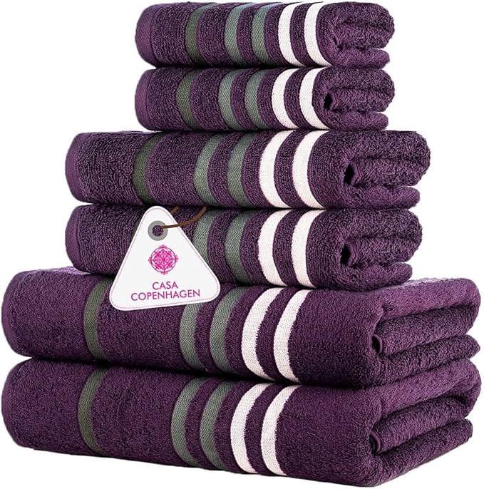 CASA COPENHAGEN Exotic 6Pcs 100% Egyptian Cotton Designer Towels Gift Set- Dark Purple, 550GSM,2Bath2Hand2Washcloths,Bath Towels for Bathroom (Box Pack,Gift Ribbon Set for Women & Men)