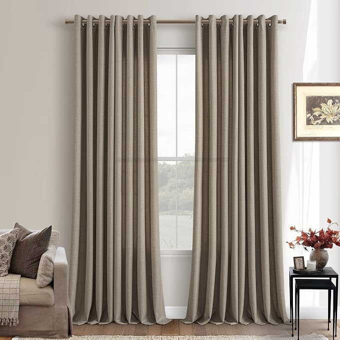 Neutral Linen Semi Sheer Curtains 100 Inch Long Tan Brown Bronze Grommet Flax Burlap Non See Through Drapes Shabby Chic Farmhouse Boho Window Floor To Ceiling 100 Inch Curtains for Bedroom Taupe
