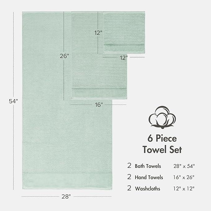 Madison Park Spa Waffle 100% Cotton Luxurious Towel Set, Premium Texture Waffle Weave, Highly Absorbent, Quick Dry, Hotel & Spa Quality Wash Clothes for Bathroom, Assorted Sizes, Seafoam 6 Piece
