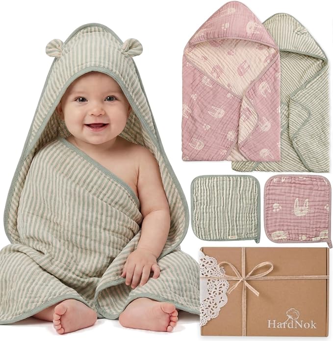 4-Piece Muslin Baby Towel Set - Made with Organic Cotton, (2) 6-Layer Bath Towels 32x32 & (2) Washcloths, Absorbent Bath & Beach (Blush Pink Bunny & Sage Green Stripe)