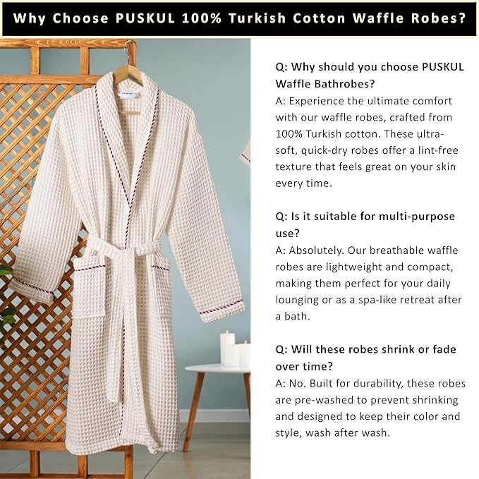 PÜSKÜL Luxury Waffle Robe for Women & Men - Natural 100% Turkish Cotton Bathrobe - Housecoat Womens & Housecoat Mens
