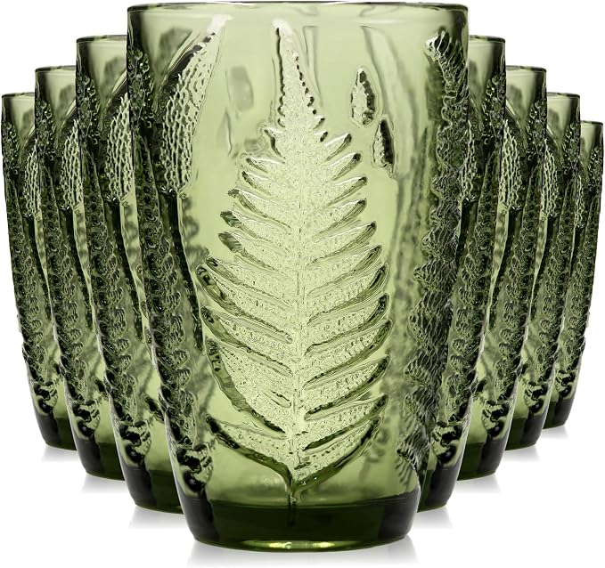 Green Drinking Glasses Set of 8, 12 oz Vintage Hand-Pressed Glass Cups, Fern Textured Highball Tumblers, Antique Style Boho Glassware for Water, Juice, Cocktails & Mocktails, Housewarming Gift Set
