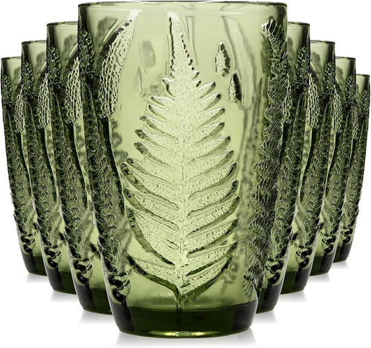 Green Drinking Glasses Set of 8, 12 oz Vintage Hand-Pressed Glass Cups, Fern Textured Highball Tumblers, Antique Style Boho Glassware for Water, Juice, Cocktails & Mocktails, Housewarming Gift Set