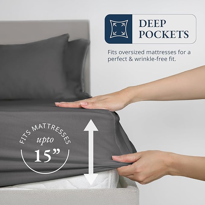 LANE LINEN Queen Fitted Sheet, 100% Organic Cotton Soft & Comfy Fully Elasticized Mercerized Cotton Sung Fit 15" Deep Pocket All Weather Queen Size Fitted Sheet Only (+Pillowcases) - Charcoal