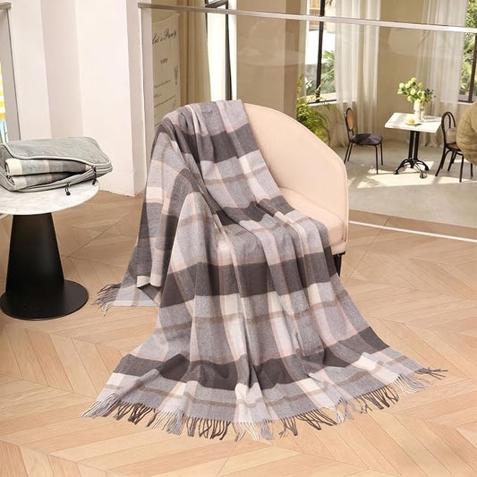 100% Wool Blanket Throw,Gray Plaid Wool Blanket with Compact Bag,Rustic Soft Lightweight Blanket for Couch,Sofa,Bed & Lounging Decoration, Warm Travel Blanket for Home, Airplane,Ideal Gifts 55"x83"