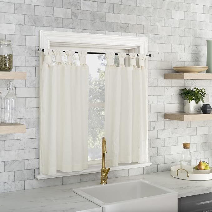 Archaeo Washed Cotton Small Window Twist Tab Cafe Curtains, 52" x 36", Ivory